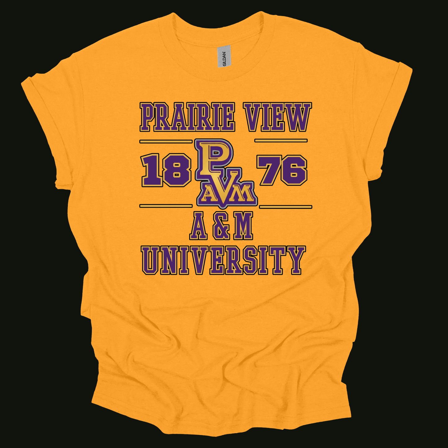 A bright yellow short-sleeve t-shirt with a purple and blue varsity-style graphic reading 'PRAIRIE VIEW 18 PAVM 76 A&M UNIVERSITY' on the front, shown against a solid black background.