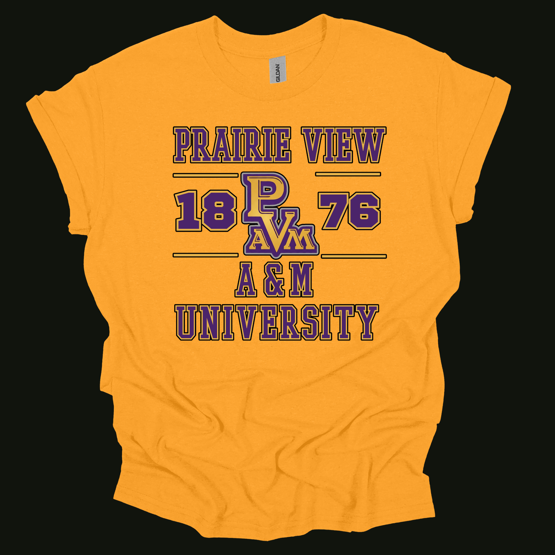 A bright yellow short-sleeve t-shirt with a purple and blue varsity-style graphic reading 'PRAIRIE VIEW 18 PAVM 76 A&M UNIVERSITY' on the front, shown against a solid black background.