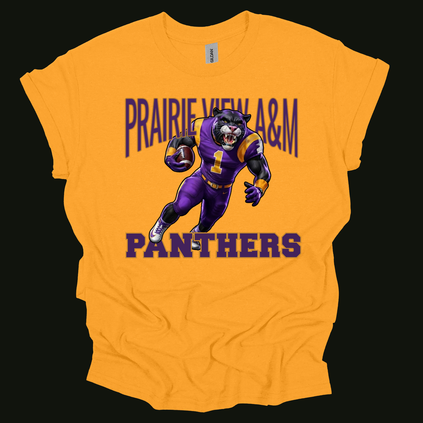 A bright yellow short-sleeve t-shirt with a graphic of a purple and gold running bear mascot and the text 'PRAIRIE WEE A&M PANTHERS' in purple, shown against a solid black background.