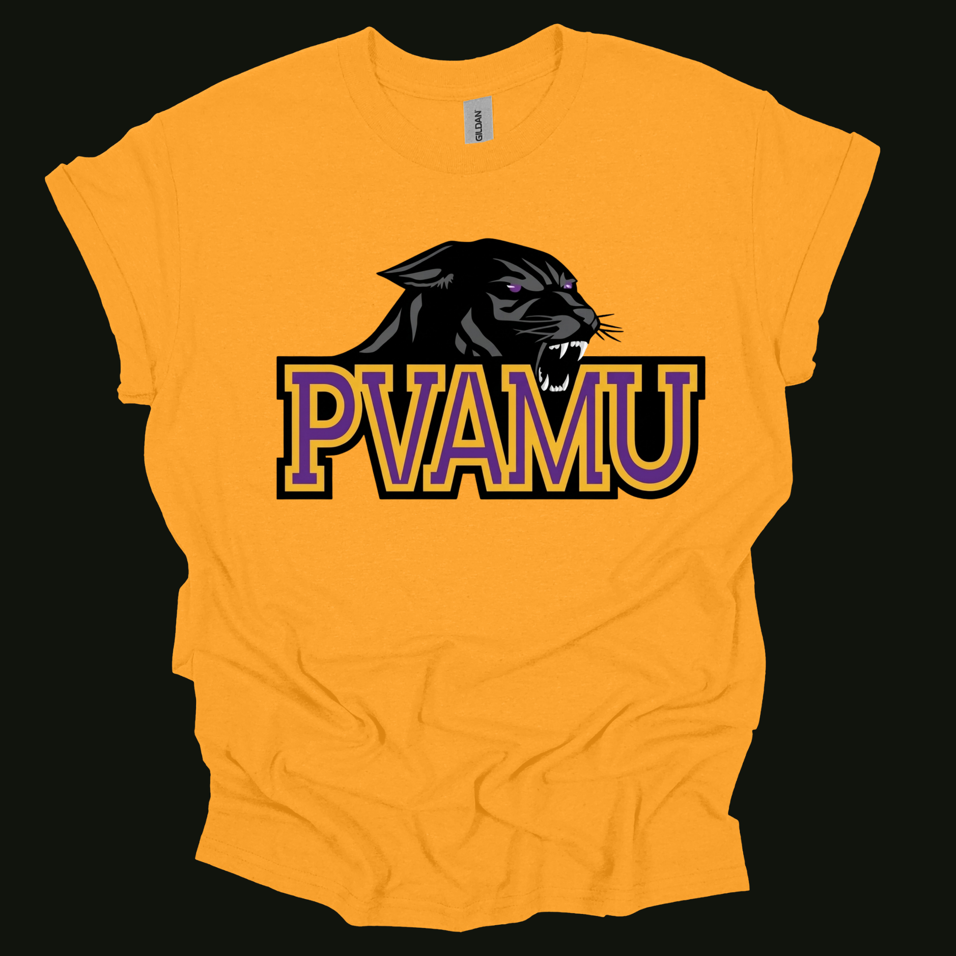 A bright yellow short-sleeve t-shirt with a graphic of a purple and gold running bear mascot and the text 'PRAIRIE WEE A&M PANTHERS' in purple, shown against a solid black background.
