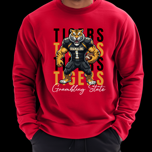 Red sweatshirt with a tiger graphic and 'Grambling State' text on a black background  Grambling Tigers Sweater: Tigers Homecoming Game Day Unisex Crewneck Sweater