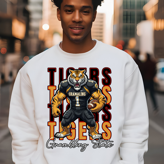 Person wearing a white sweatshirt with a tiger graphic and 'Grambling State' text on a city street background Grambling Tigers Sweater: Tigers Homecoming Game Day Unisex Crewneck Sweater
