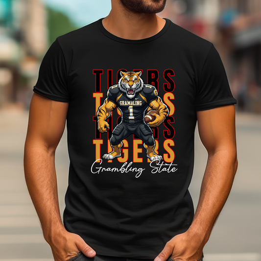 Black t-shirt with a tiger graphic and text worn by a person outdoors. GSU Tigers T-Shirt – Grambling State University Game Day & Homecoming Graphic Tee