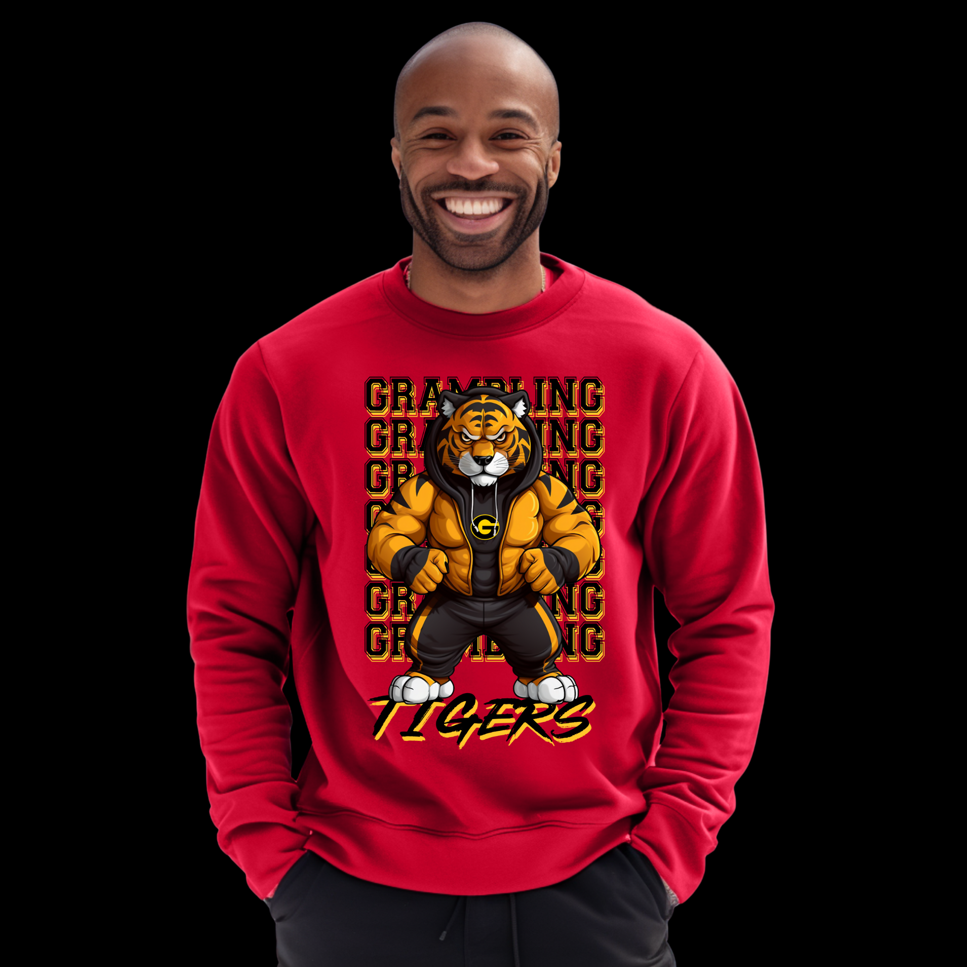 Man wearing a red sweatshirt with a tiger graphic and 'G' logo on a black background