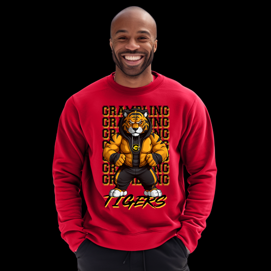 Man wearing a red sweatshirt with a tiger graphic and 'G' logo on a black background