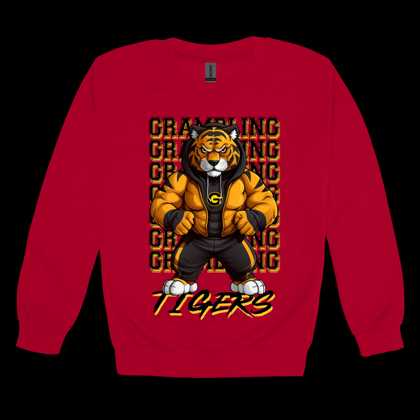 Red sweatshirt with a tiger graphic and 'Cracking Tigers' text on a black background