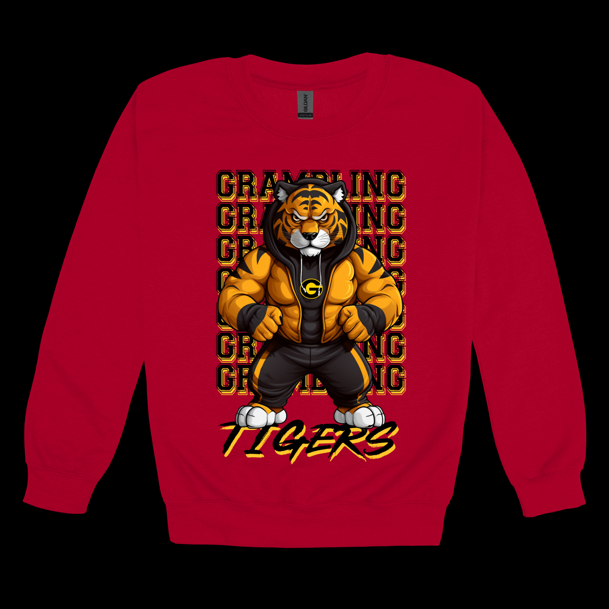 Red sweatshirt with a tiger graphic and 'Cracking Tigers' text on a black background