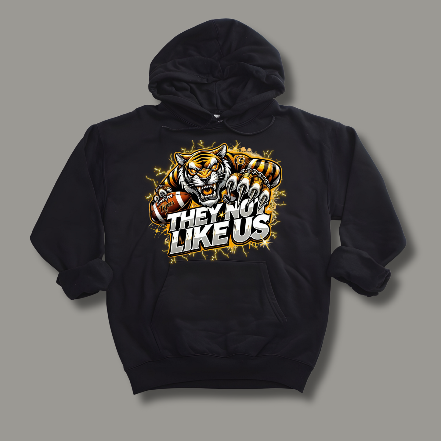 Black hoodie with a tiger graphic and text on a gray background