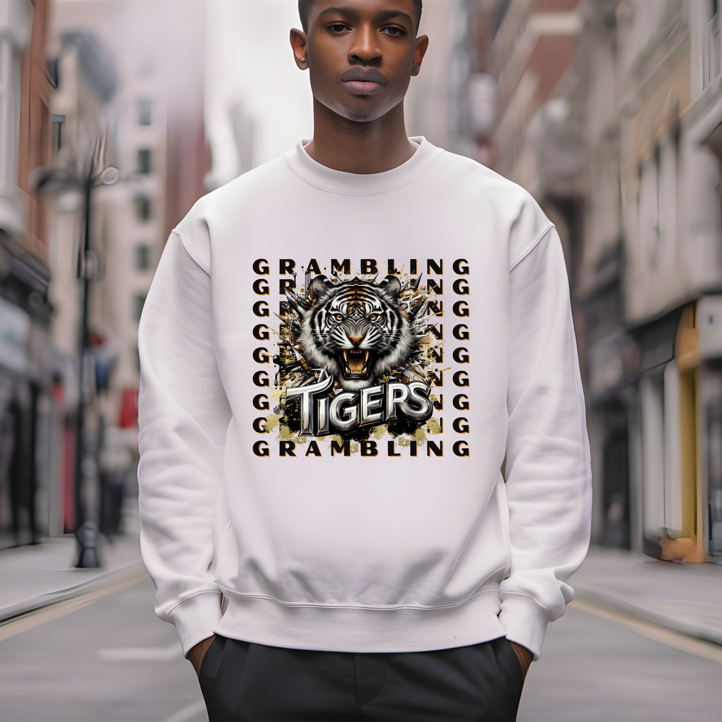 Grambling Tigers Grambling State University Black & Gold Tigers GSU White Crewneck Sweater Tshirt