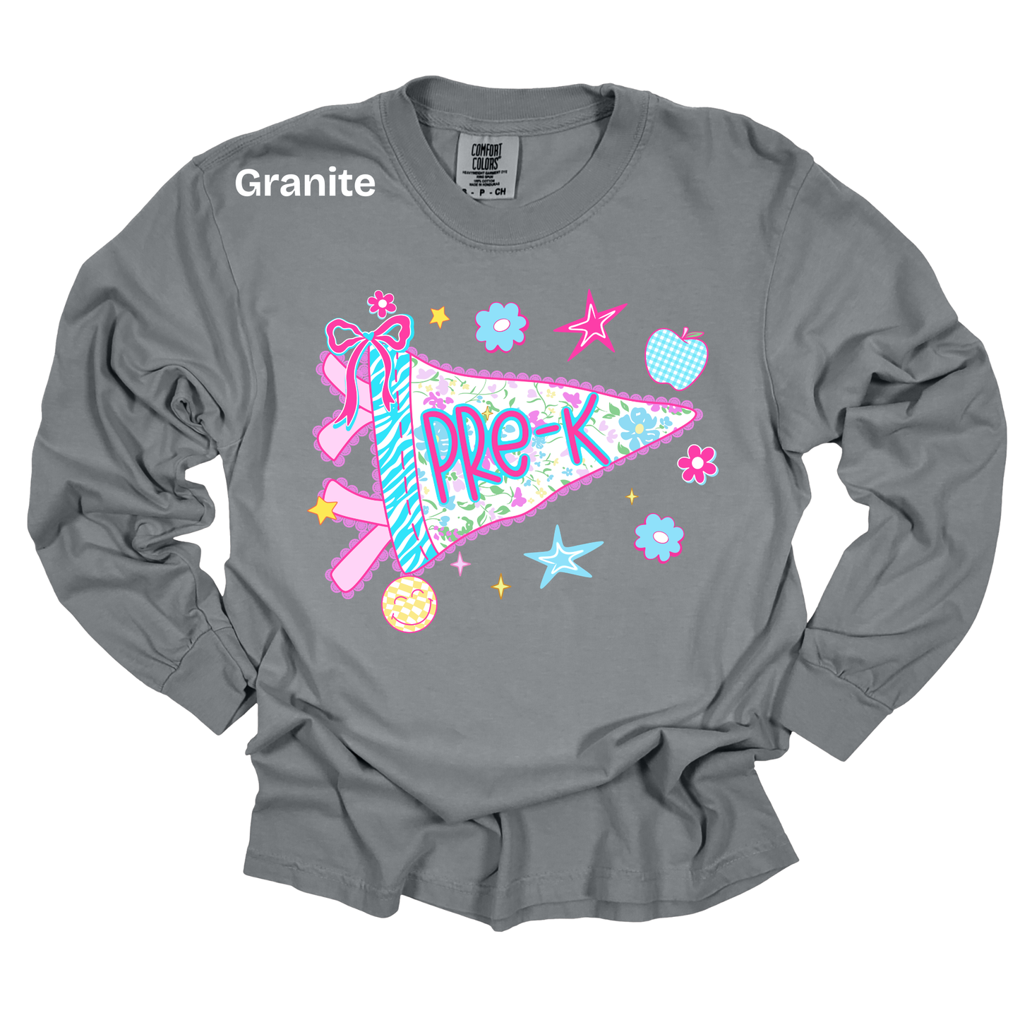 A gray long-sleeve t-shirt with a colorful 'Pre-K' pennant graphic on the front, featuring a ribbon, stars, flowers, and an apple. The brand name 'Granite' is printed on the upper left chest.