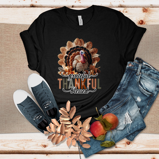 Grateful Thankful and Blessed Glitter Sophisticated Heather Camel Tshirt | Thanksgiving Sweater | Soft Oversized Camel T-Shirt