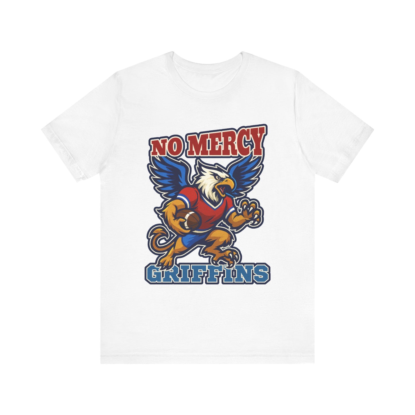 White t-shirt with 'No Mercy Griffins' graphic design featuring an eagle and football on a white background.