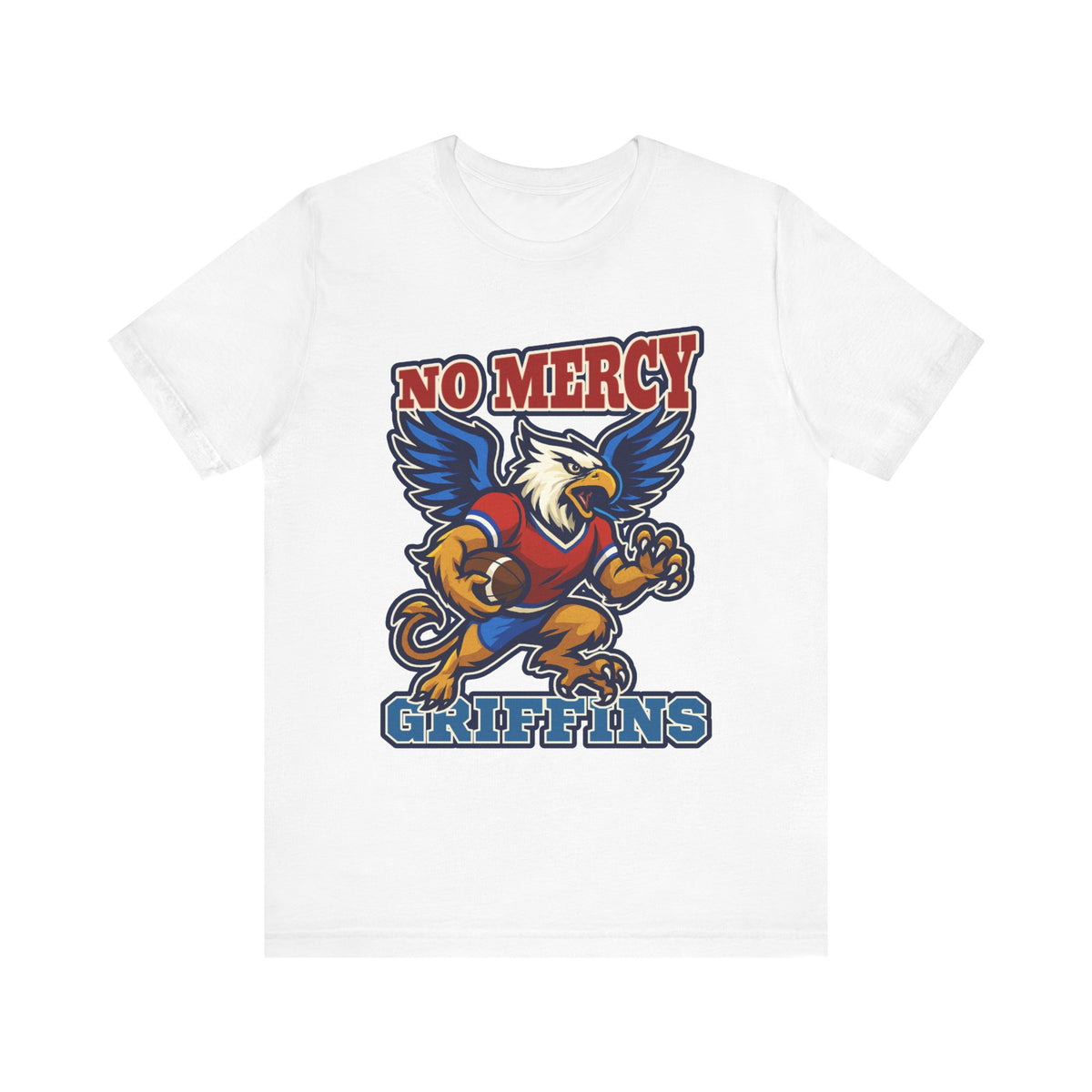 White t-shirt with 'No Mercy Griffins' graphic design featuring an eagle and football on a white background.
