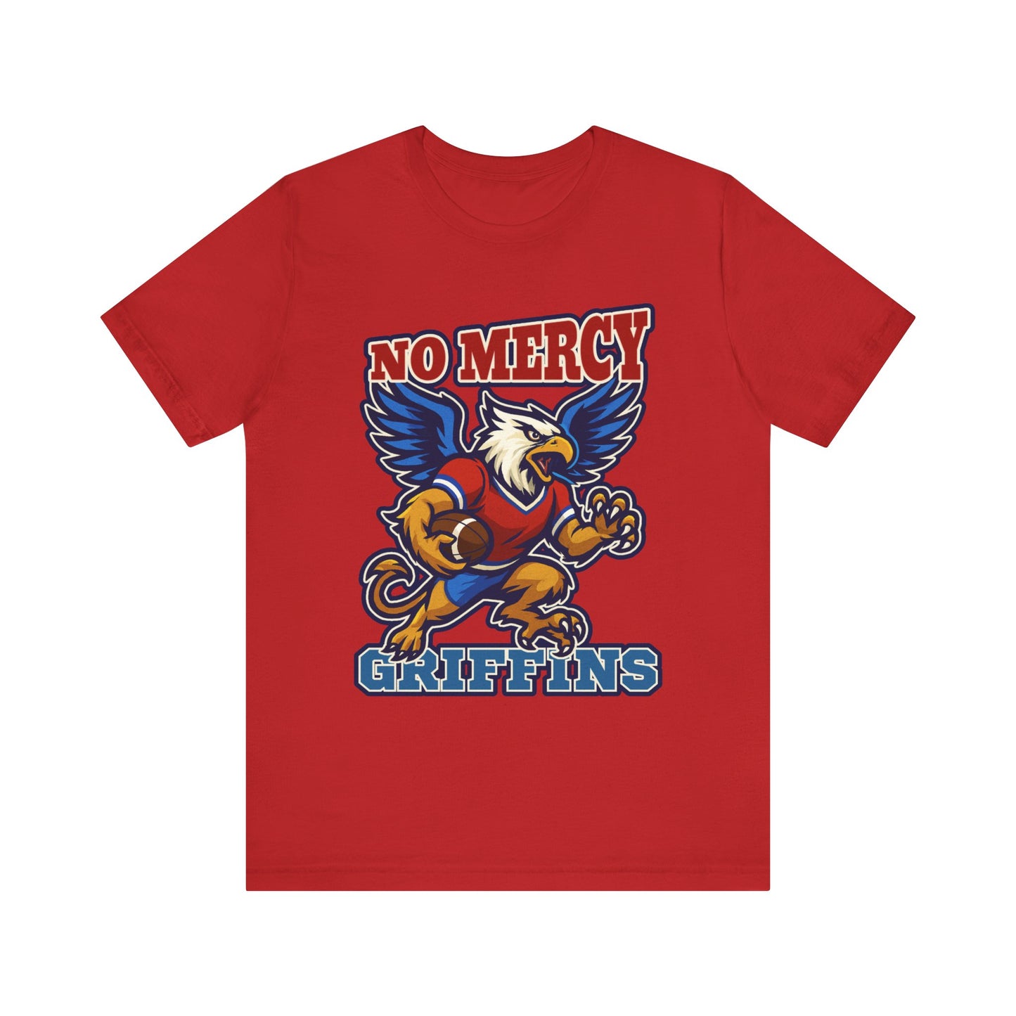 Red t-shirt with 'No Mercy Grizzlies' graphic design on a white background