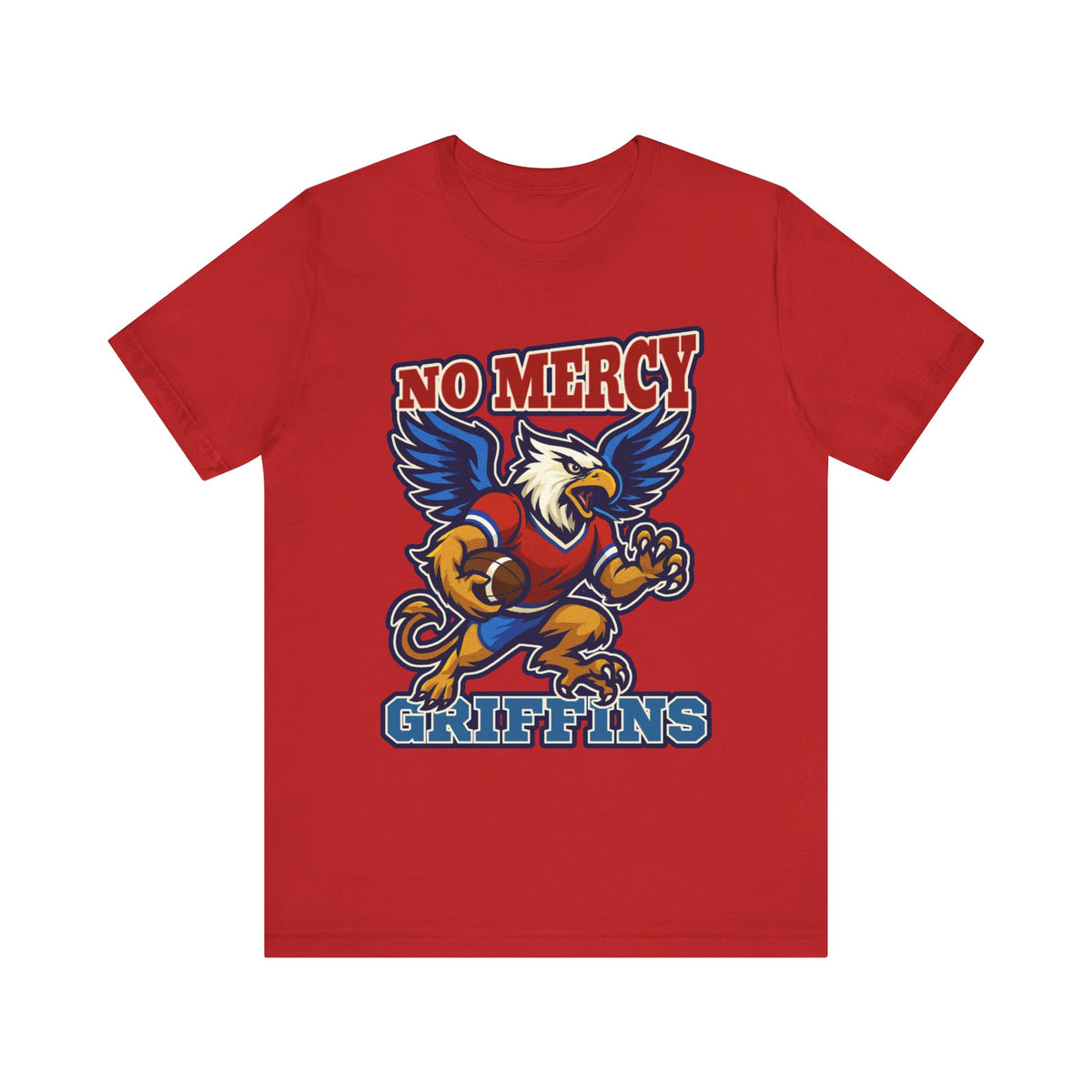 Red t-shirt with 'No Mercy Grizzlies' graphic design on a white background