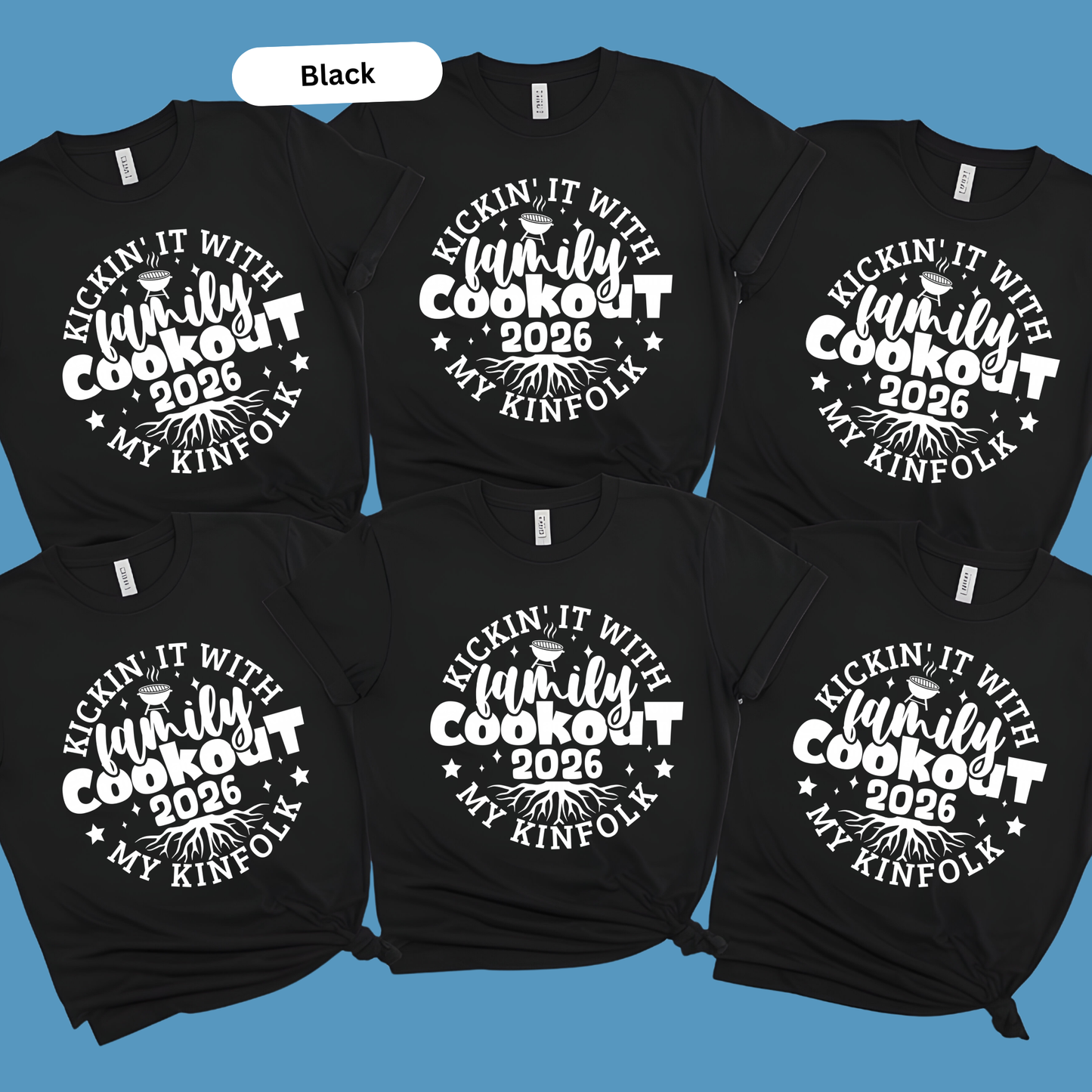 Black t-shirts with white text on a blue background