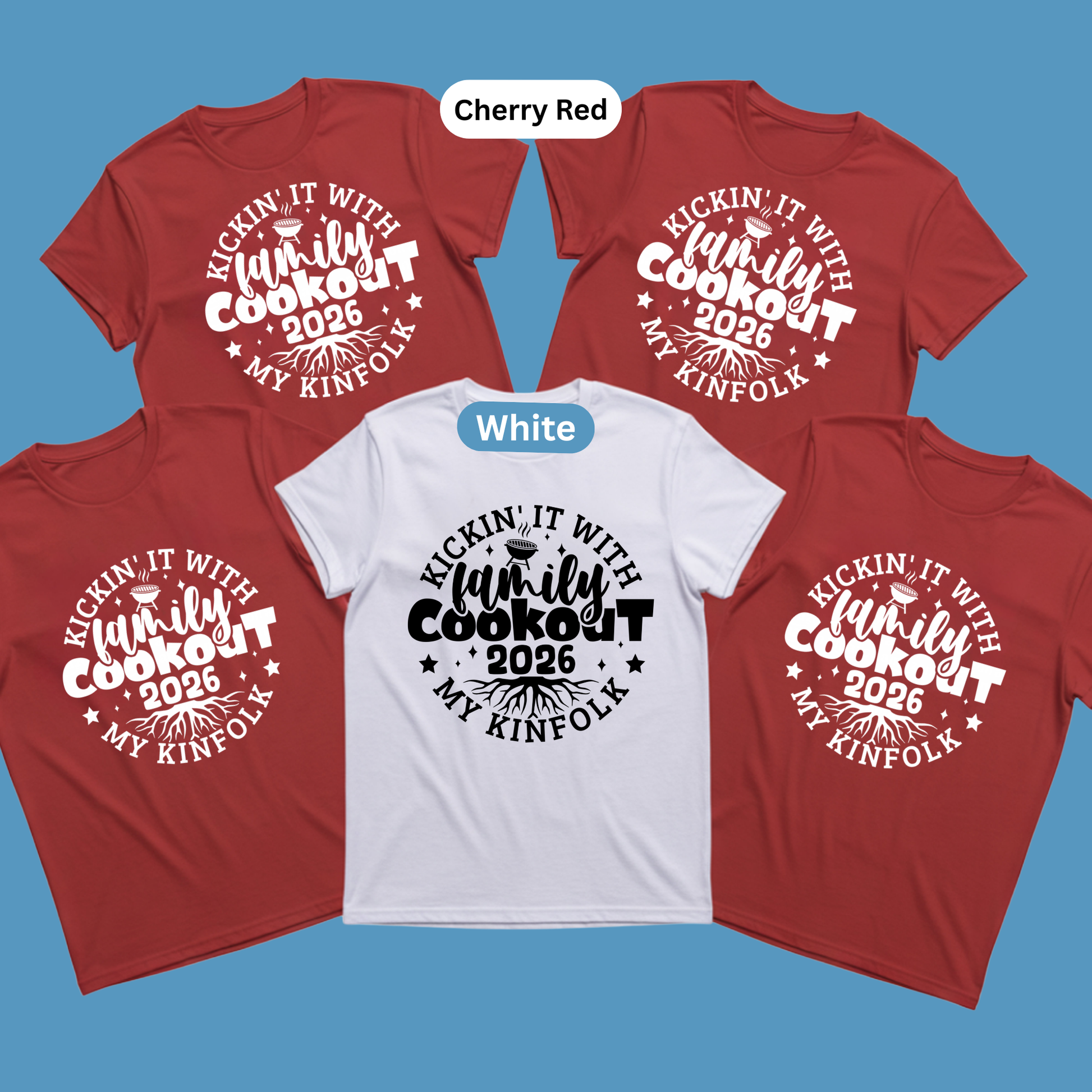 Four t-shirts with family cookout text in different colors on a blue background