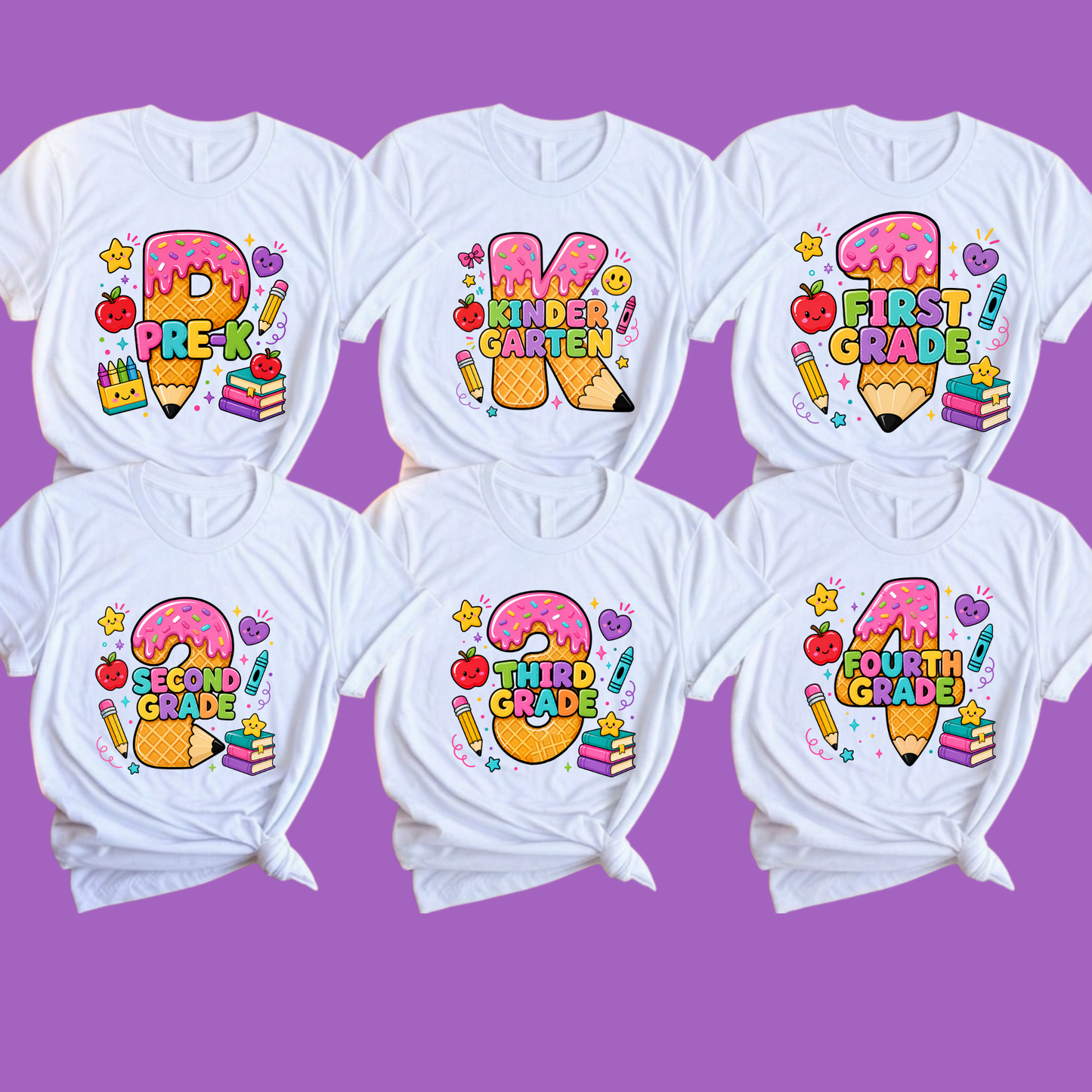 Six white graphic T-shirts arranged in two rows on a solid purple background. Each shirt features a colorful school-themed number graphic with playful illustrations like apples, pencils, books, and stars, plus text such as 'Prek', 'Kinder Garden', 'First', 'Second', 'Third', and 'Fourth Grade'.