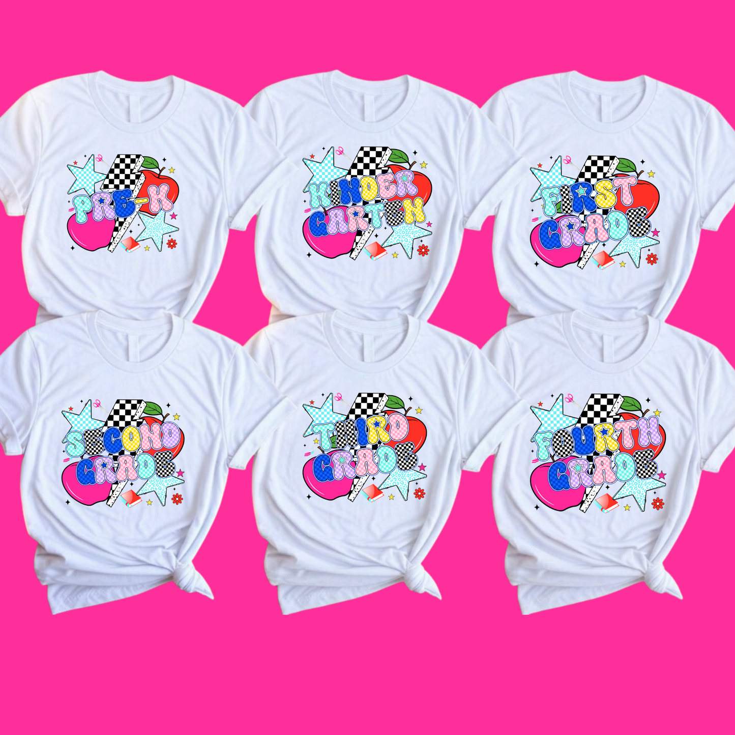 Six white graphic t-shirts arranged in two rows of three on a bright pink background. Each shirt features a colorful retro-style graphic with the words 'PROUD GIRL', 'SUPER GIRL', and 'SECOND GIRL' in a playful multicolor font over a heart, star, and checkered pattern.