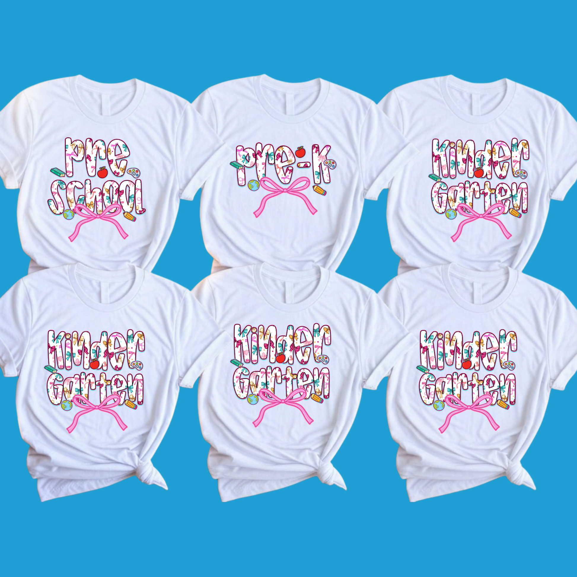 Six white graphic T-shirts arranged in two rows on a bright blue background. Each shirt has a colorful decorative text design and a pink ribbon motif: the top row reads 'Pine School,' 'Pic-K,' and 'Winter Garden,' while the bottom row reads 'Winter Garden.