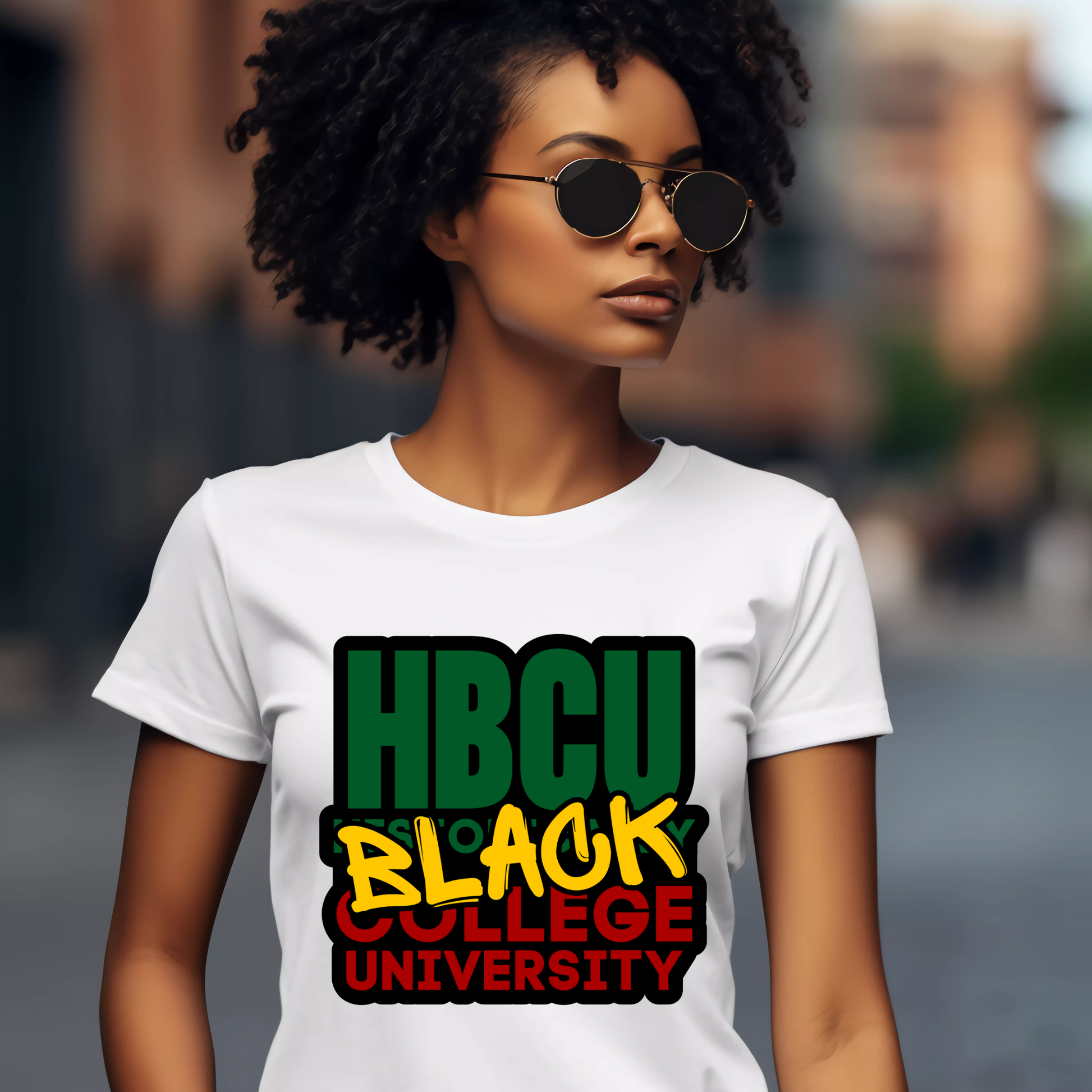 Woman wearing a white t-shirt with 'HBCU Black College University' text.