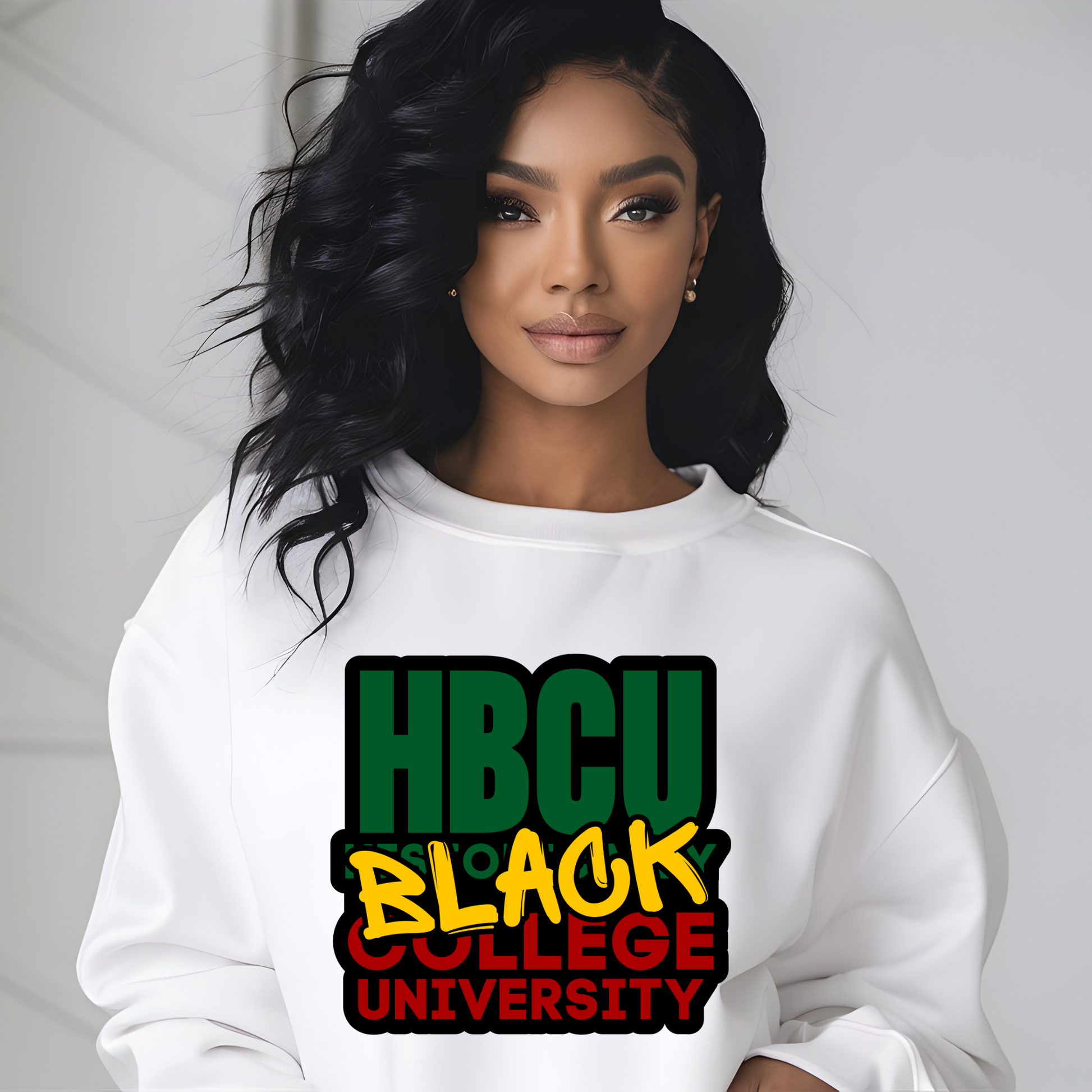 Woman wearing a white sweatshirt with 'HBCU Black College University' text design.