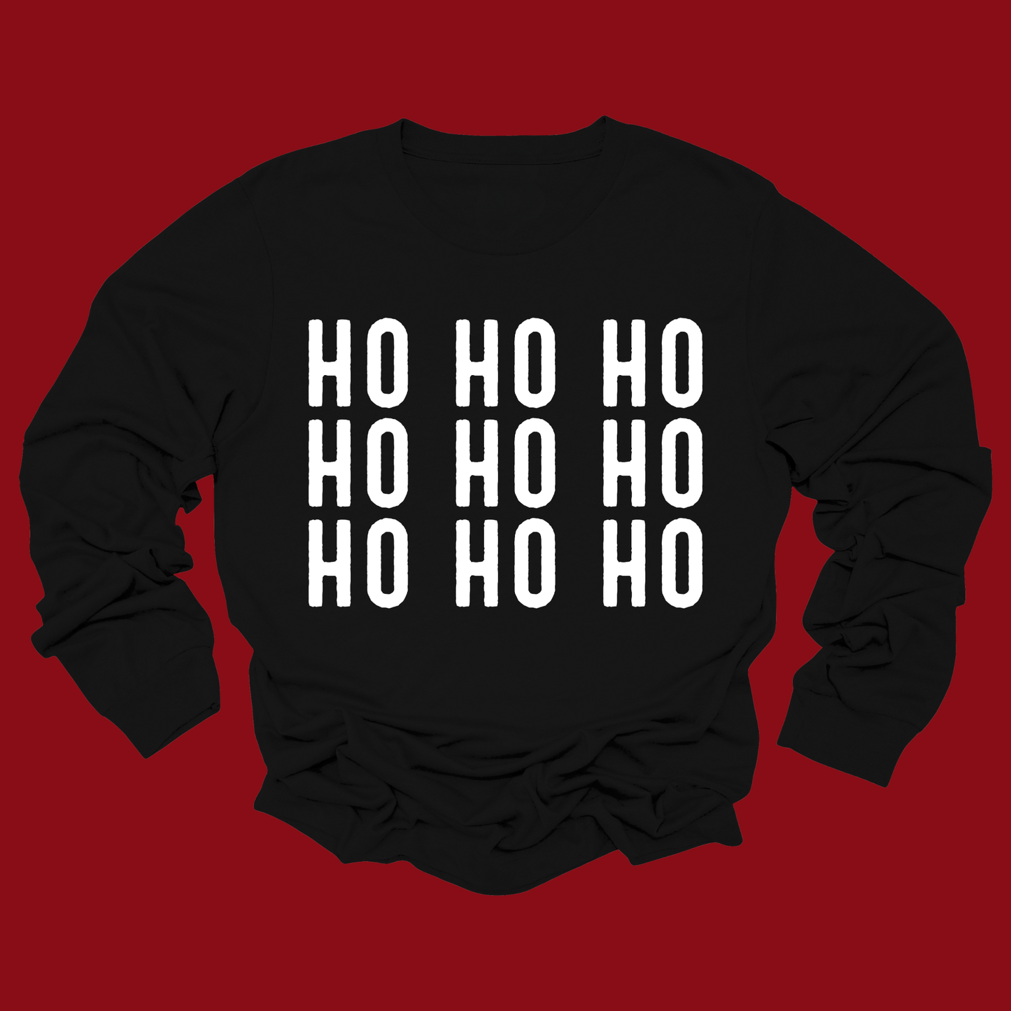 Black sweatshirt with 'HO HO HO' text on a red background