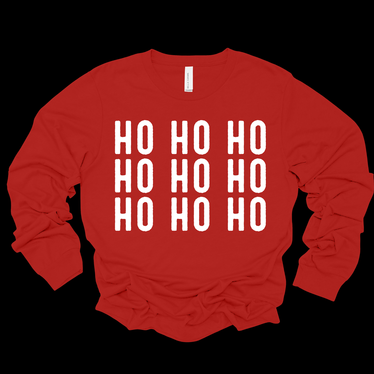 Red sweatshirt with 'HO HO HO' text on a black background