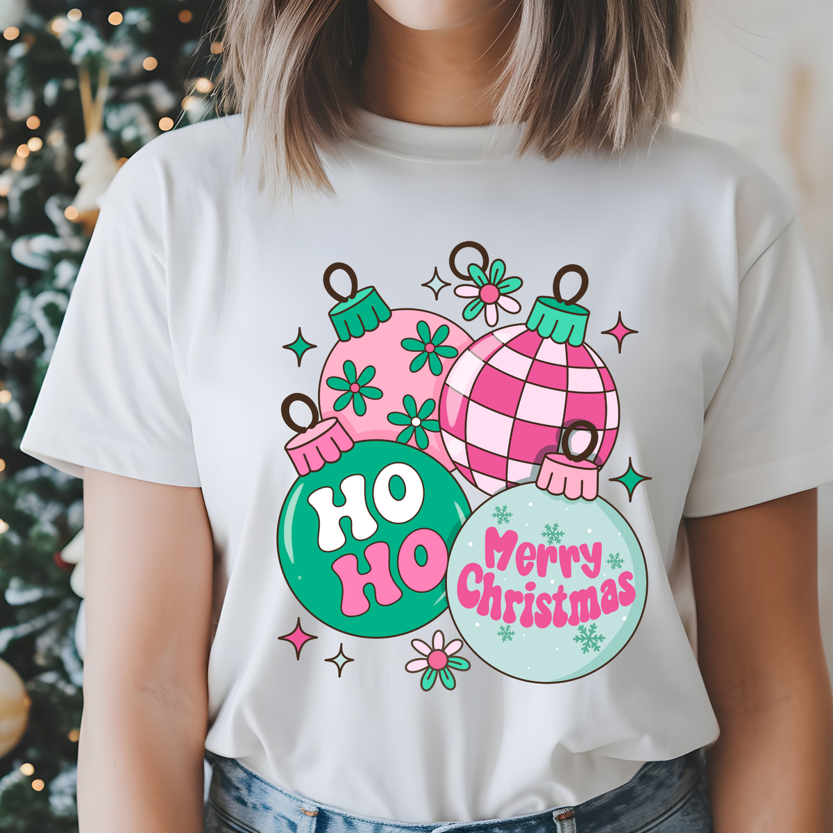 Women's Pink Christmas T-Shirt - Cozy Novelty Merry Christmas Ornament Sweatshirt