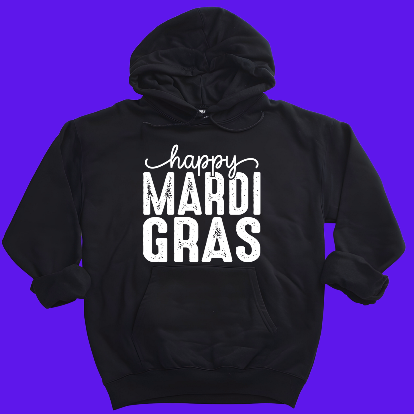 Black hoodie with 'Happy Mardi Gras' text on a purple background