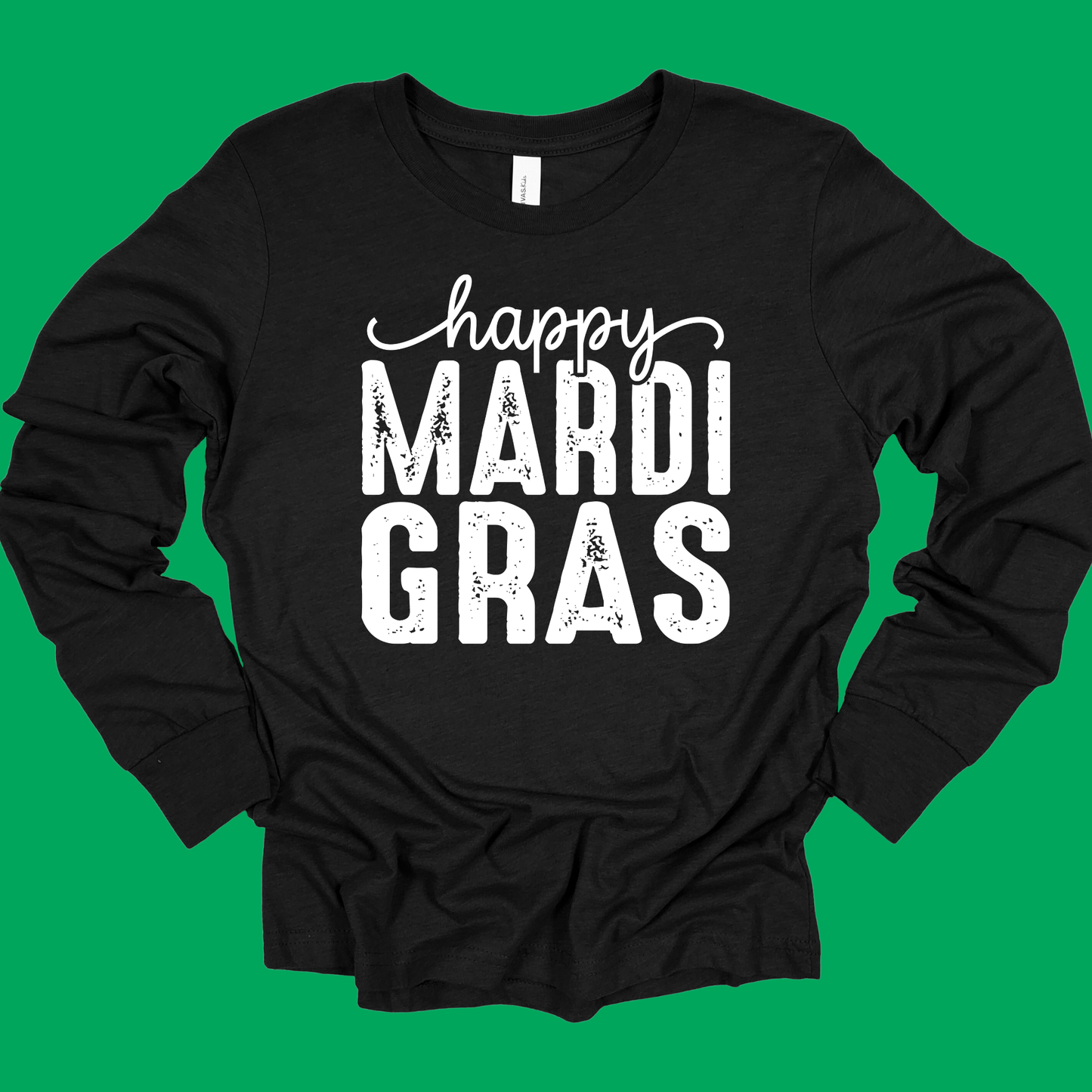Black long-sleeve shirt with 'happy MARDI GRAS' text on a green background