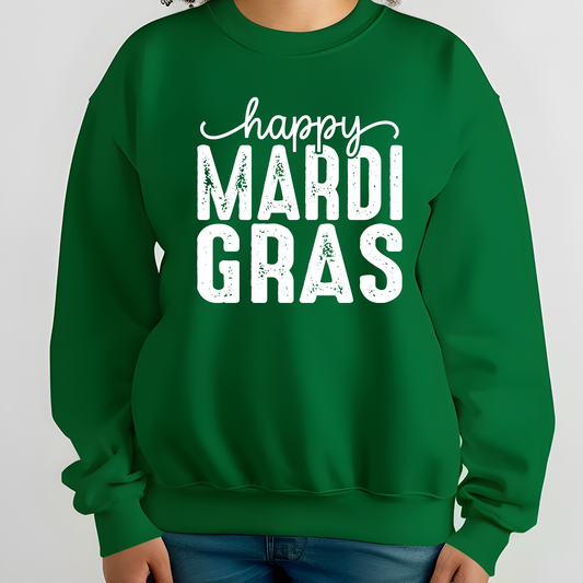 Green sweatshirt with 'happy MARDI GRAS' text on a plain background