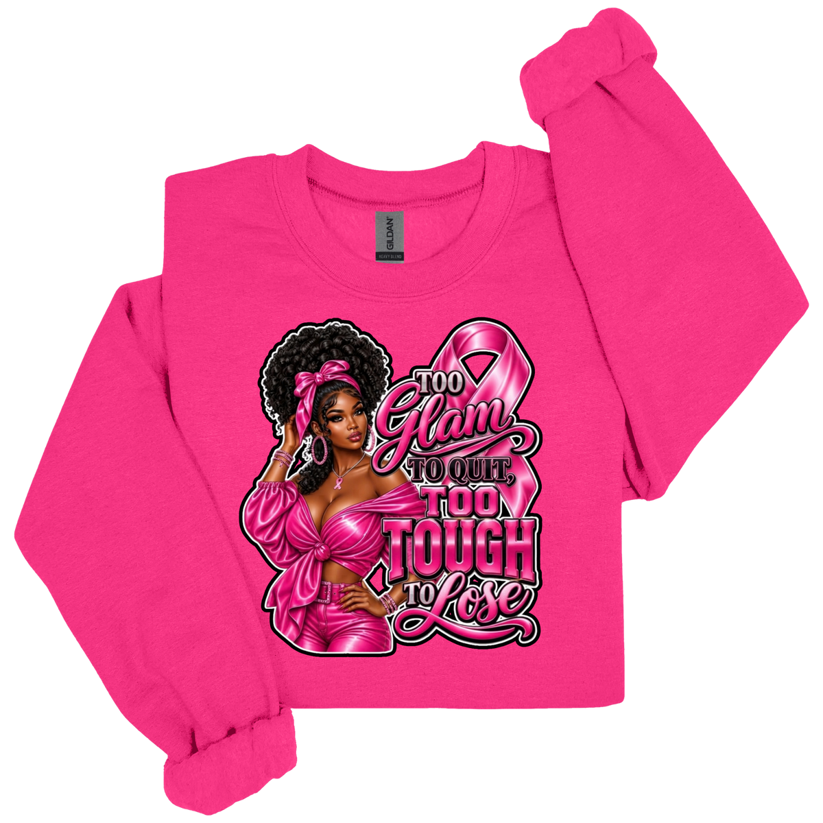 A bright pink crewneck sweatshirt featuring a graphic design on the front with a pink breast cancer ribbon, pink boxing gloves, and the words 'Breast Cancer WARRIOR' in stylized lettering.