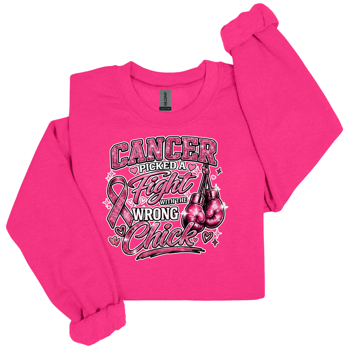 A bright pink crewneck sweatshirt with a graphic design on the front that reads 'CANCER PICKED A FIGHT WINNER WRONG Chick' in stylized lettering, accompanied by a pink ribbon and boxing gloves. The sweatshirt is laid flat on a white background with one sleeve rolled up.
