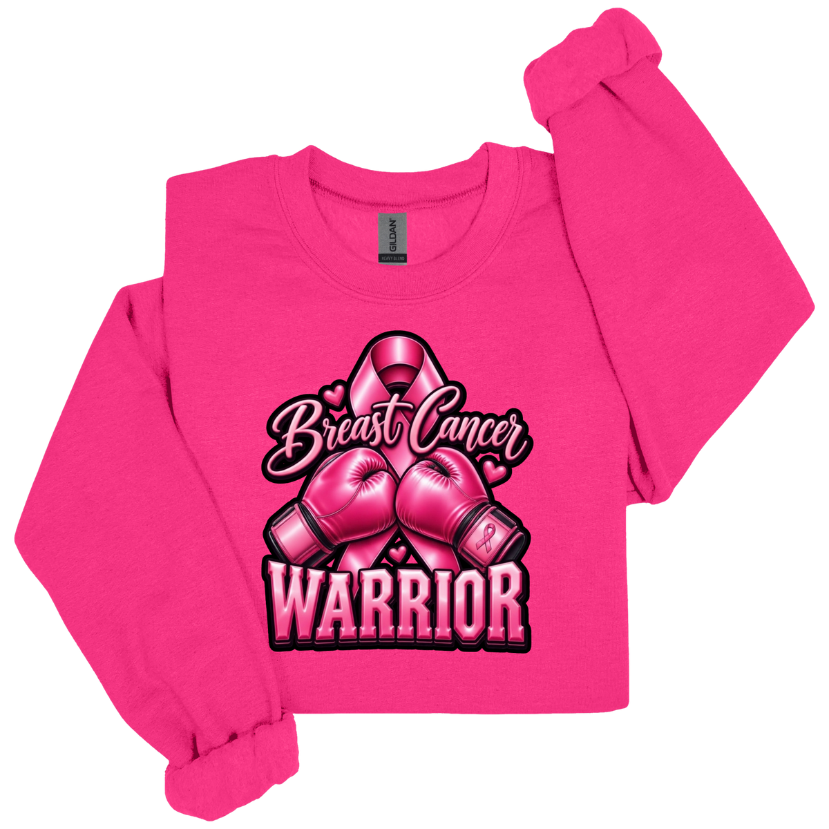A bright pink long-sleeve sweatshirt with a graphic on the front featuring a pink breast cancer ribbon, pink boxing gloves, and the words 'Breast Cancer WARRIOR' in stylized lettering. The sweatshirt is laid flat on a white background with one sleeve rolled up.