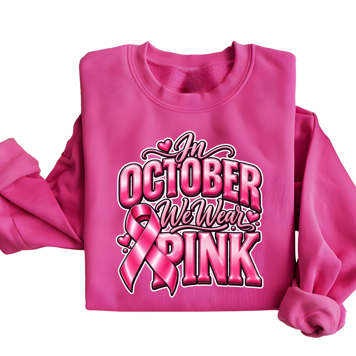 A folded bright pink sweatshirt with a large graphic on the front featuring a pink breast ribbon, boxing gloves, the words 'Breast Cancer WARRIOR,' and small heart details, shown on a plain white background.