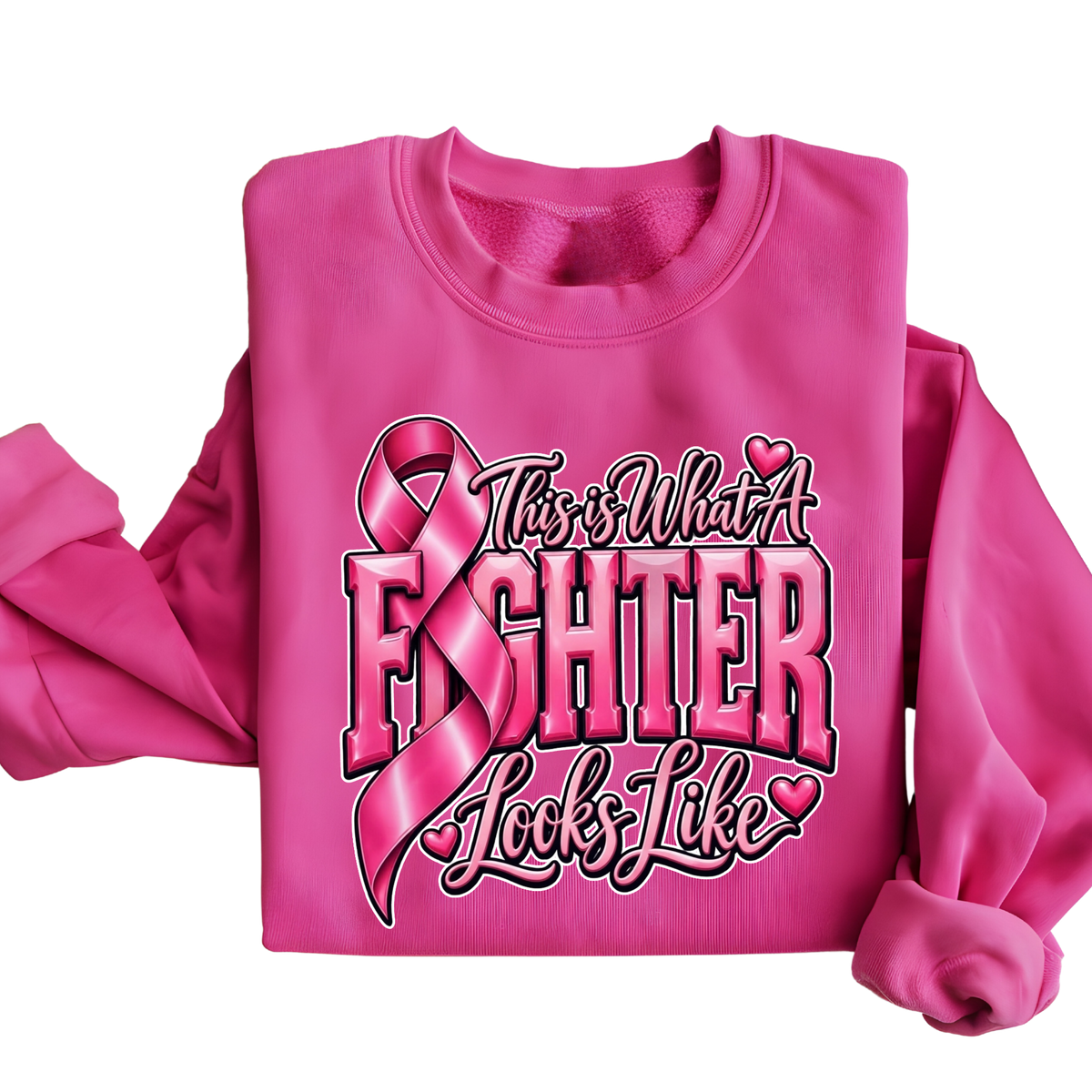 A folded bright pink sweatshirt with a large graphic on the front featuring a pink breast ribbon, boxing gloves, the words 'Breast Cancer WARRIOR,' and small heart details, shown on a plain white background.
