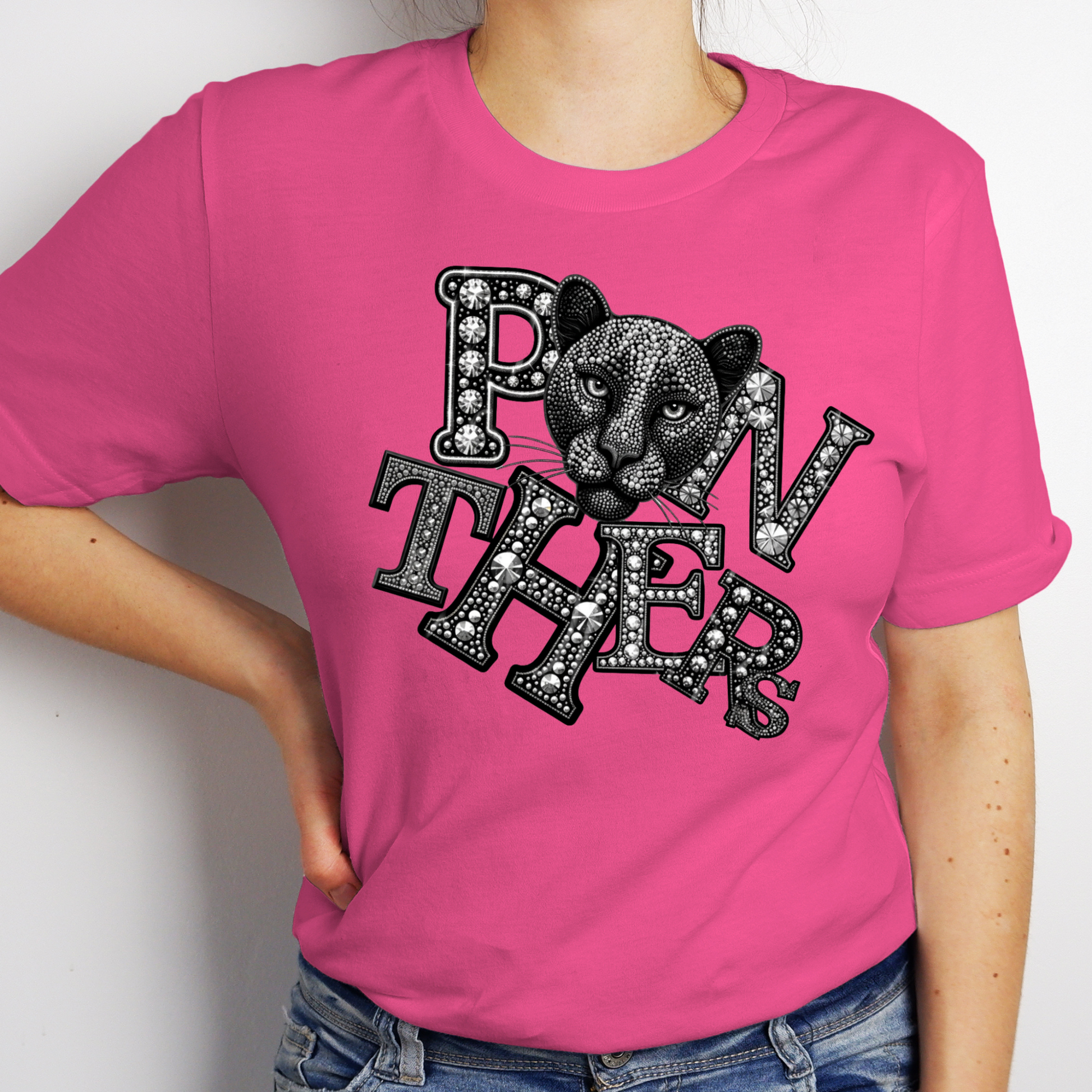 Panthers Spirit Shirt - Sparkly Bling Panther Faux Rhinestone Mascot T-shirt