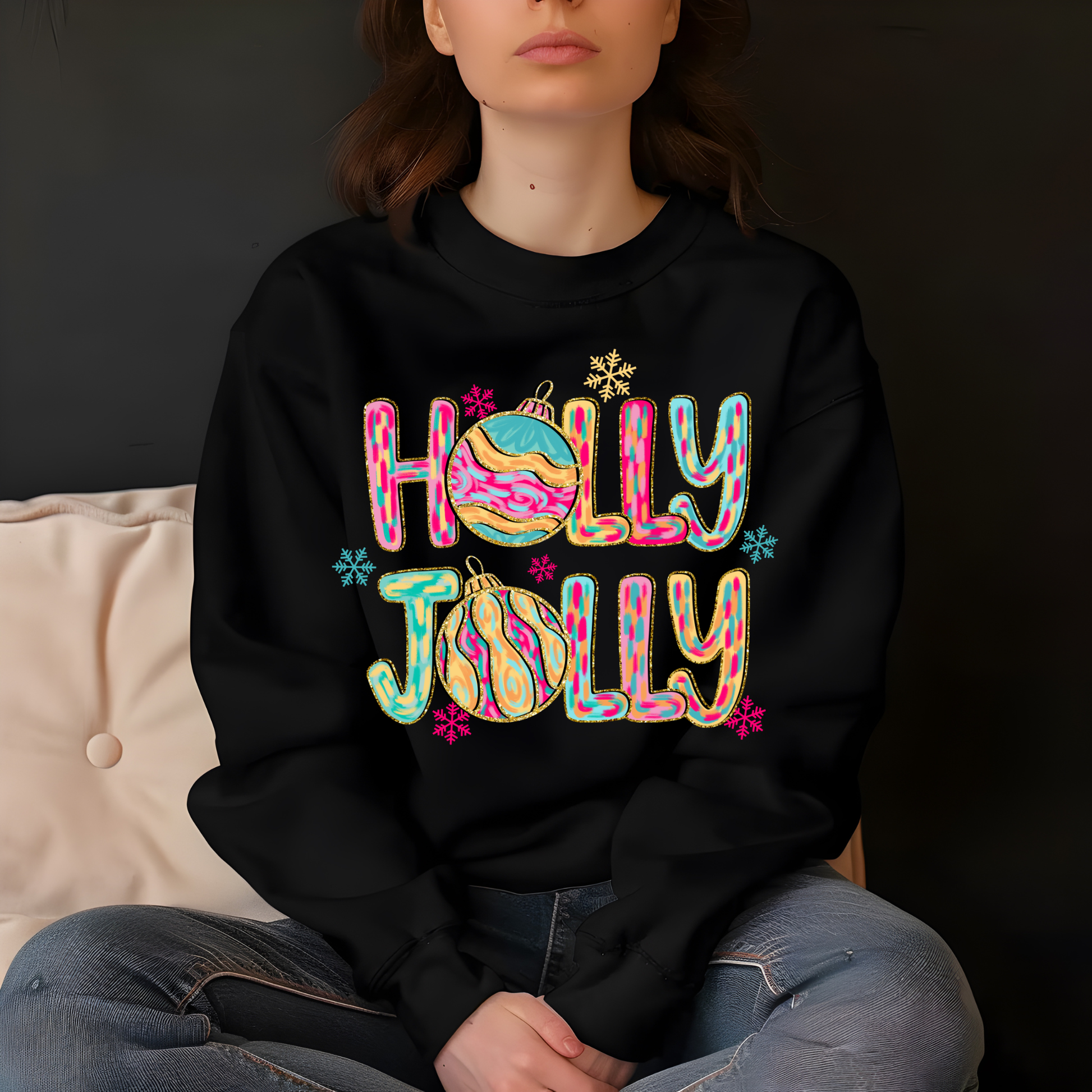 Person wearing a black sweatshirt with 'Holly Jolly' design sitting on a couch.