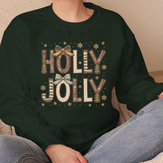 Holly Jolly Christmas Sweater - Rustic "Holly Jolly" Christmas Sweatshirt with Forest Pattern