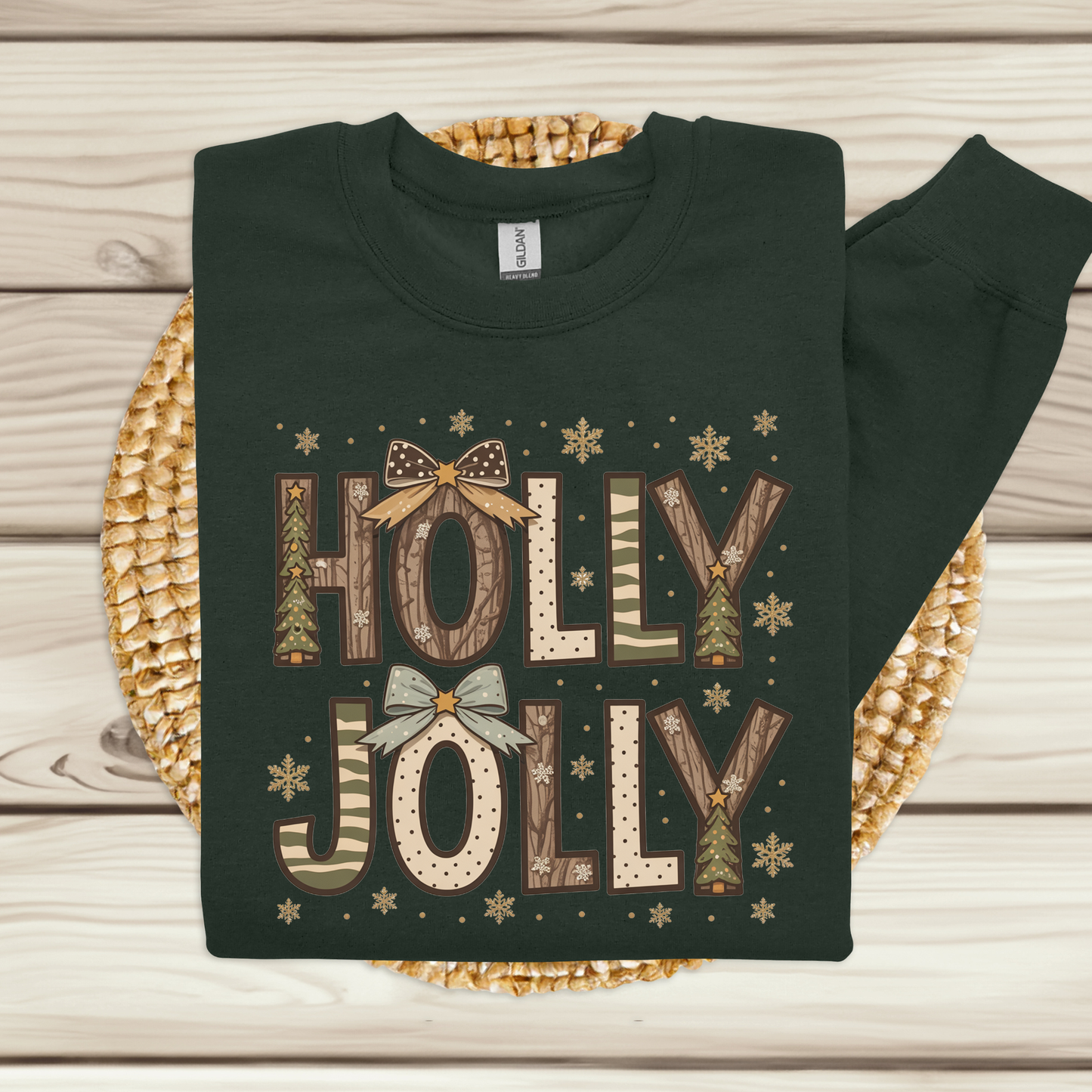 Holly Jolly Christmas Sweater - Rustic "Holly Jolly" Christmas Sweatshirt with Forest Pattern
