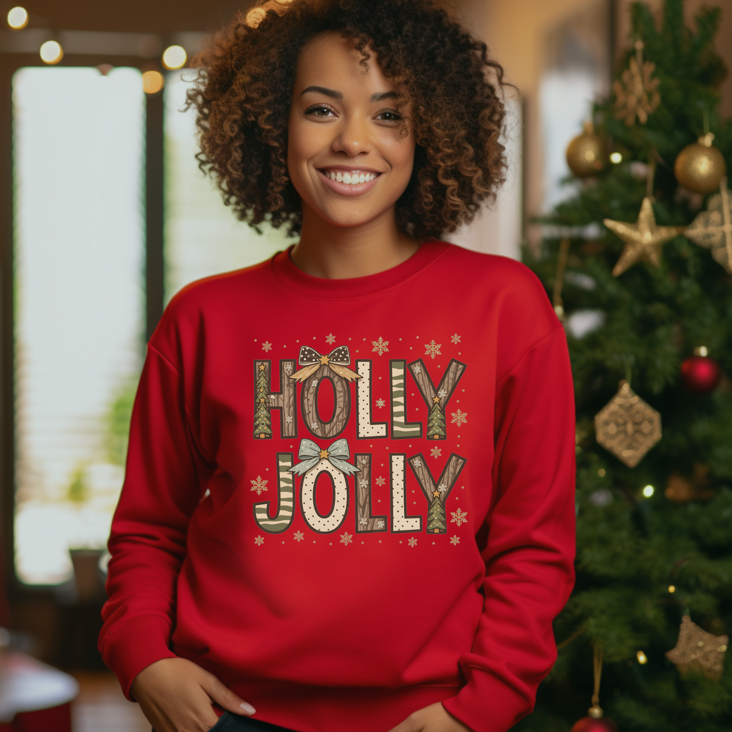 Holly Jolly Christmas Sweater - Rustic "Holly Jolly" Christmas Sweatshirt with Forest Pattern