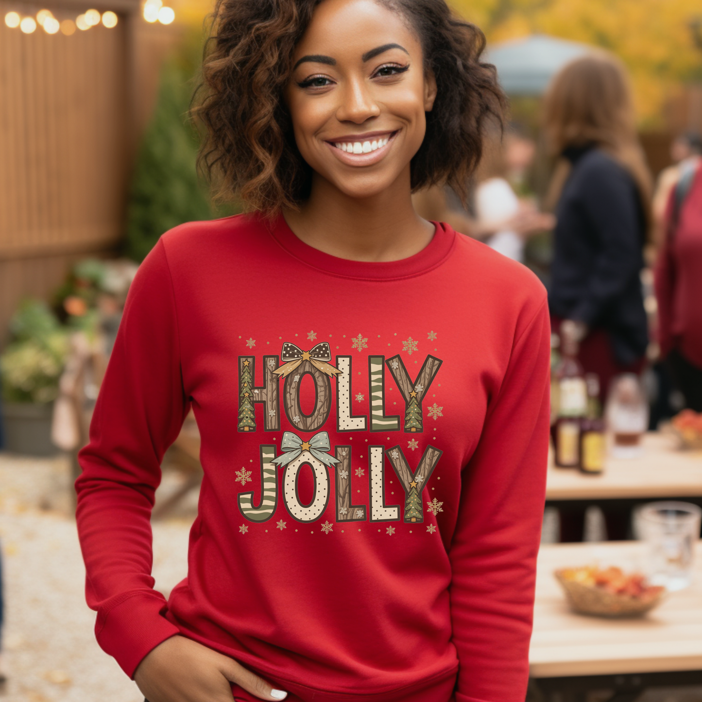 Holly Jolly Christmas Sweater - Rustic "Holly Jolly" Christmas Sweatshirt with Forest Pattern
