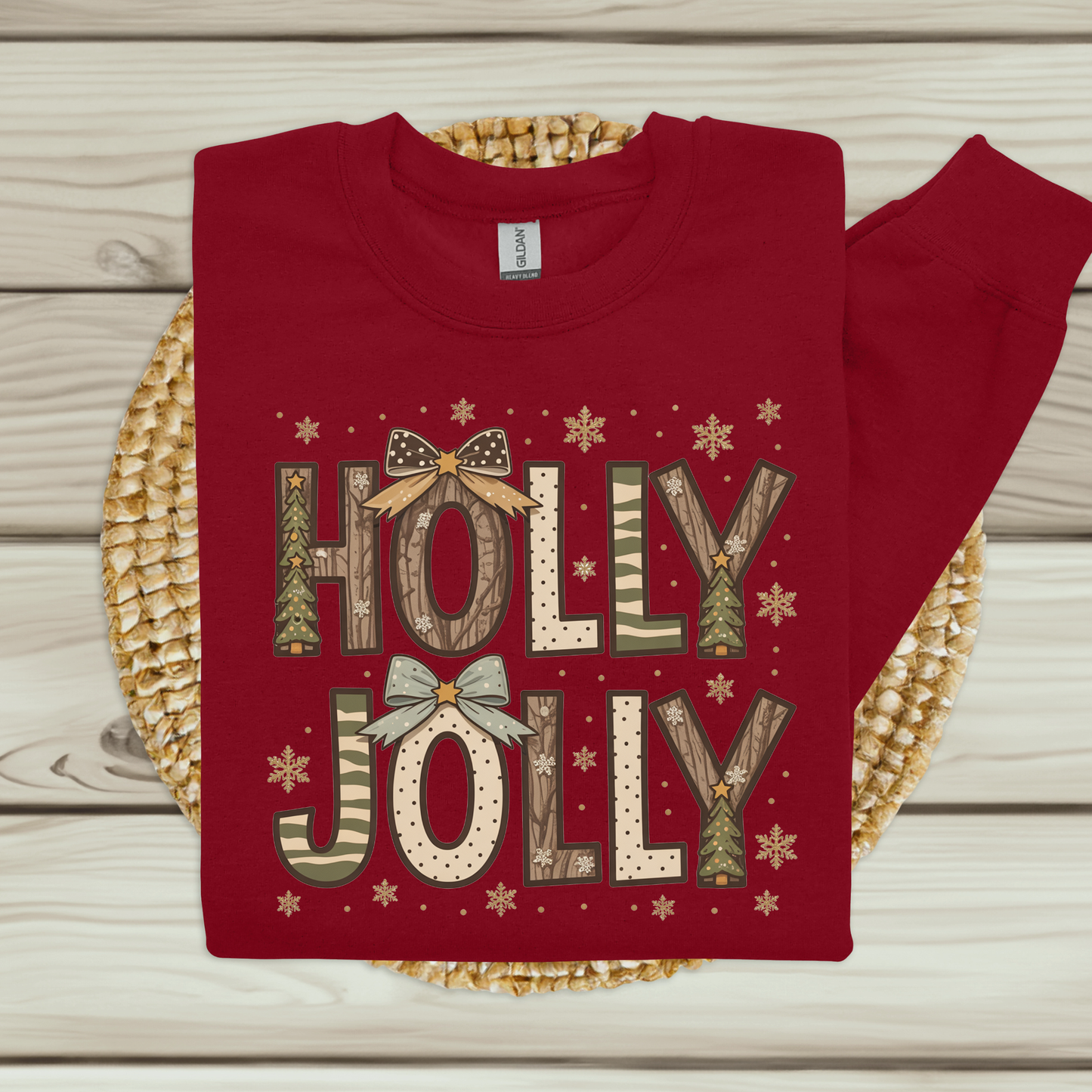 Holly Jolly Christmas Sweater - Rustic "Holly Jolly" Christmas Sweatshirt with Forest Pattern