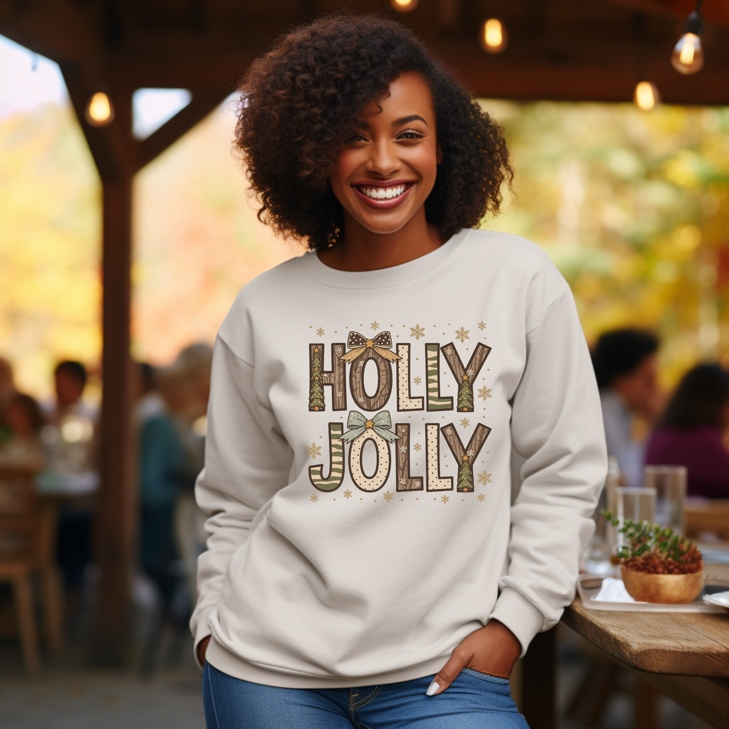 Holly Jolly Christmas Sweater - Rustic "Holly Jolly" Christmas Sweatshirt with Forest Pattern