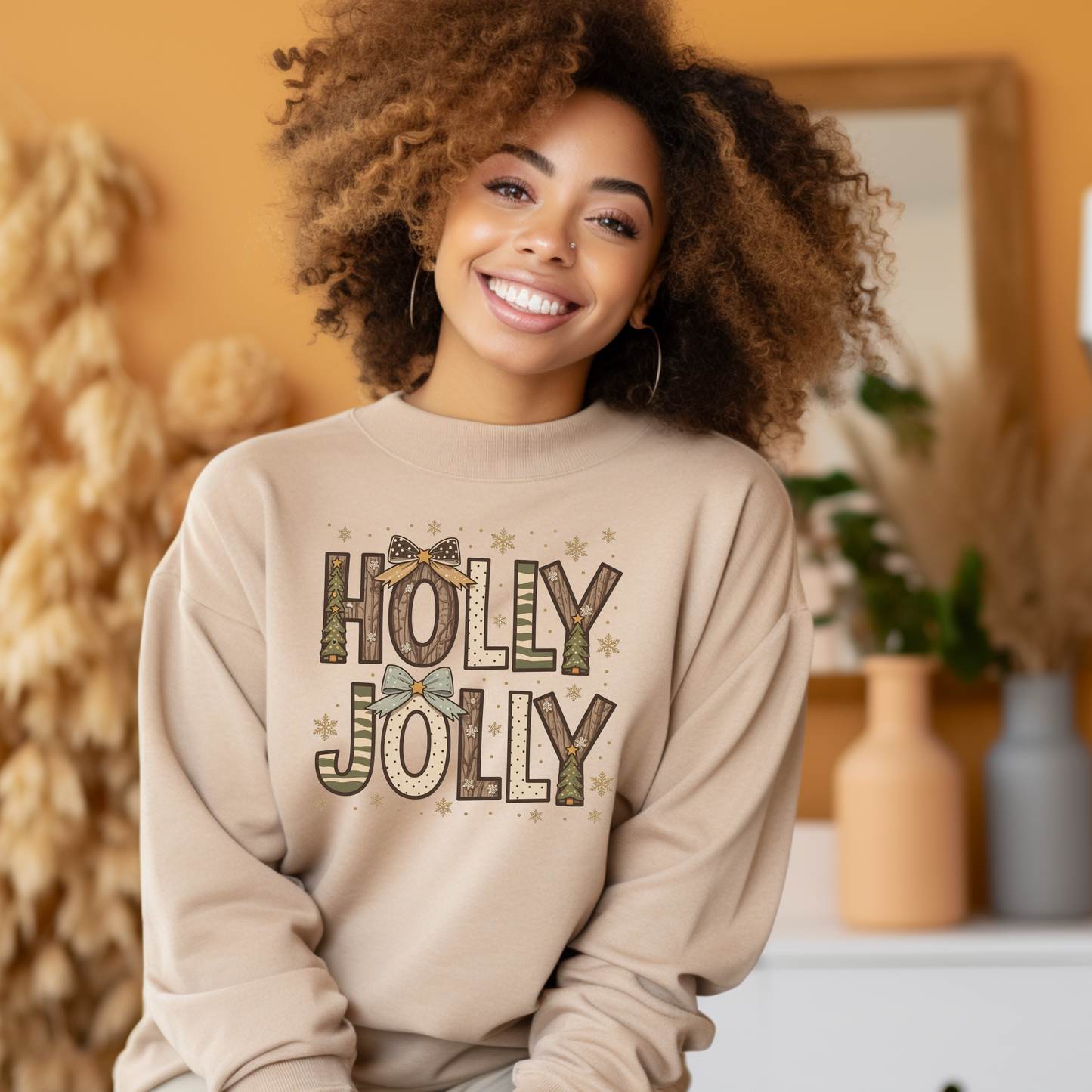 Holly Jolly Christmas Sweater - Rustic "Holly Jolly" Christmas Sweatshirt with Forest Pattern
