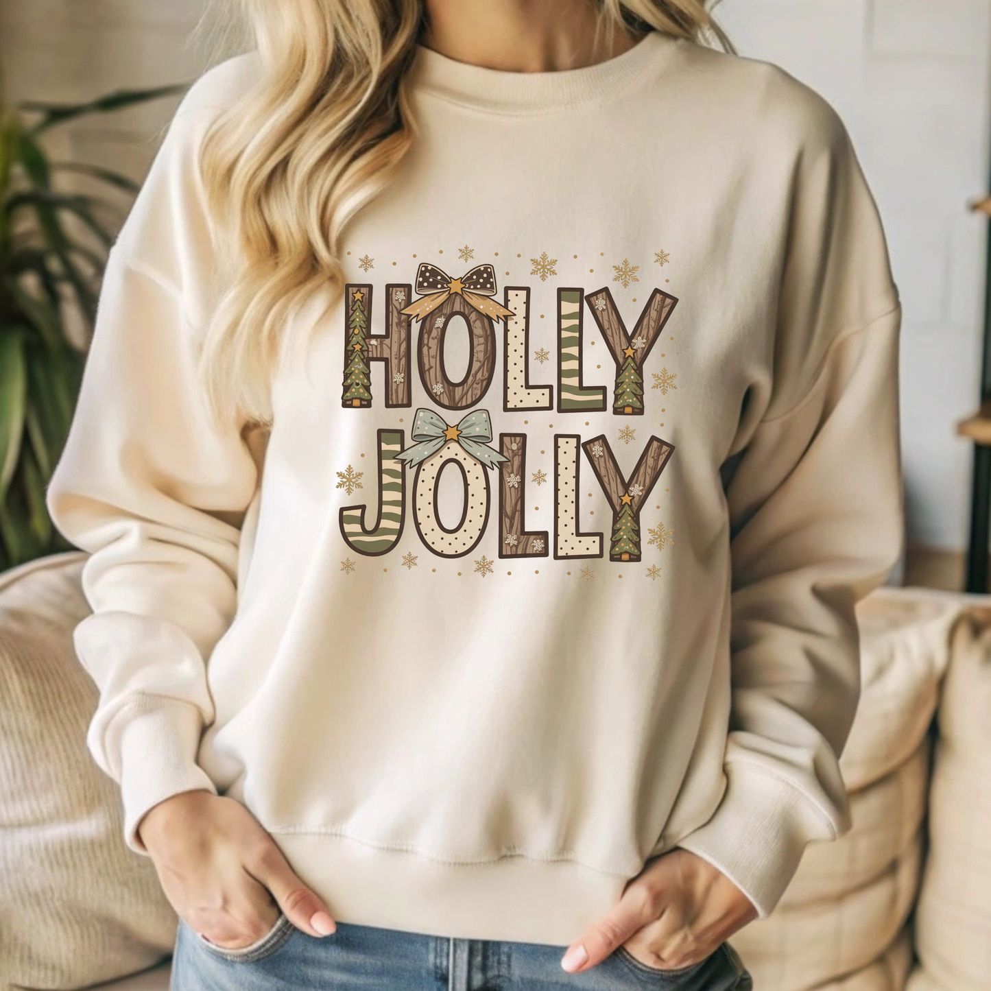 Holly Jolly Christmas Sweater - Rustic "Holly Jolly" Christmas Sweatshirt with Forest Pattern