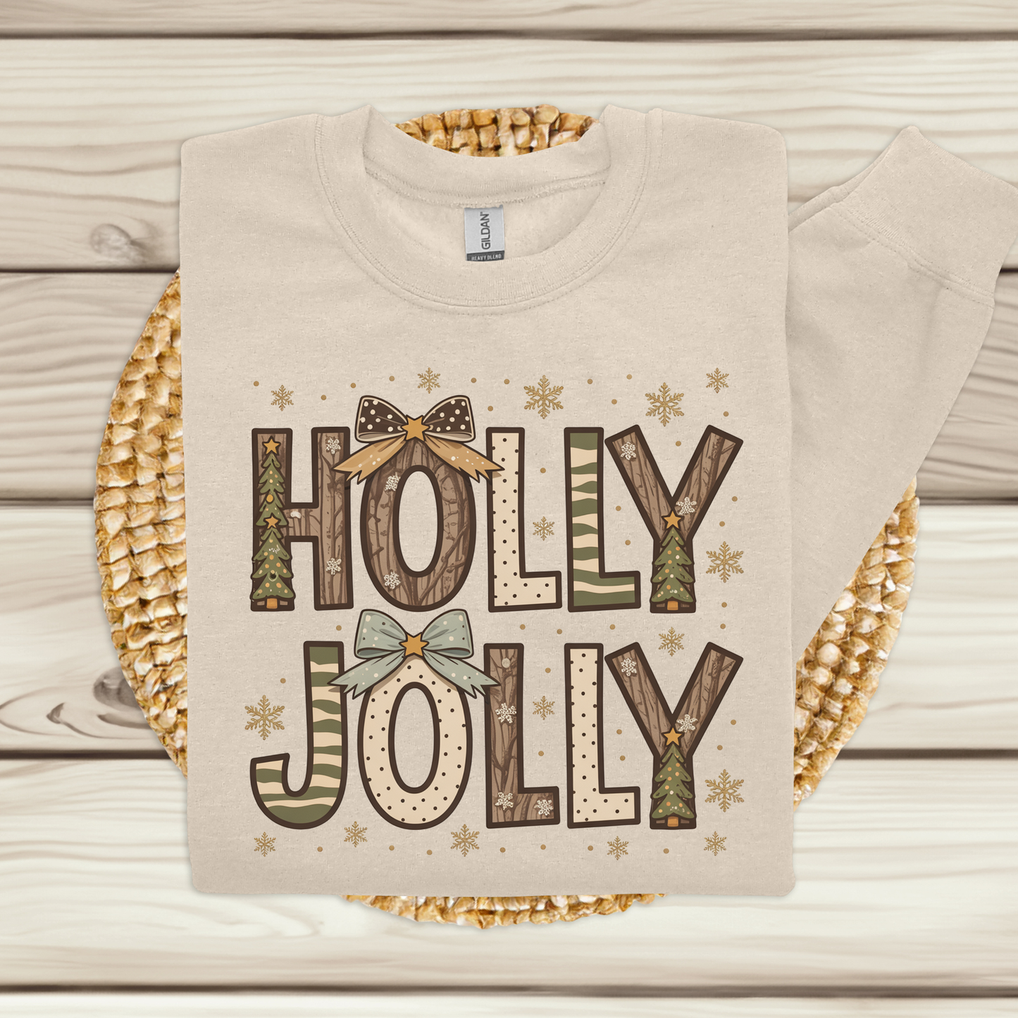 Holly Jolly Christmas Sweater - Rustic "Holly Jolly" Christmas Sweatshirt with Forest Pattern