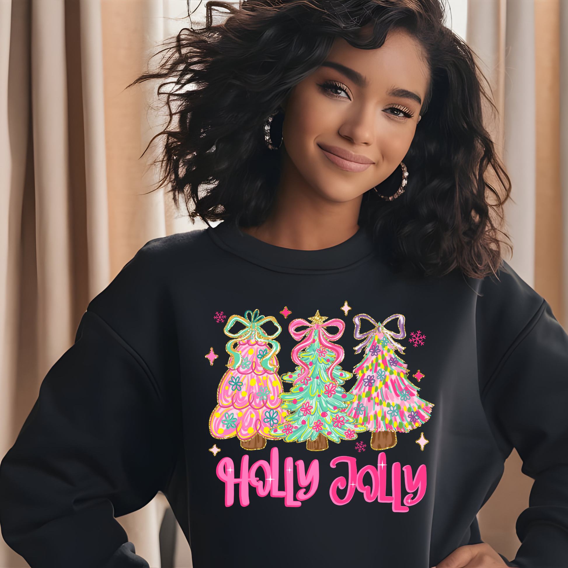 Person wearing a black sweatshirt with colorful Christmas tree design and 'Holly Jolly' text.