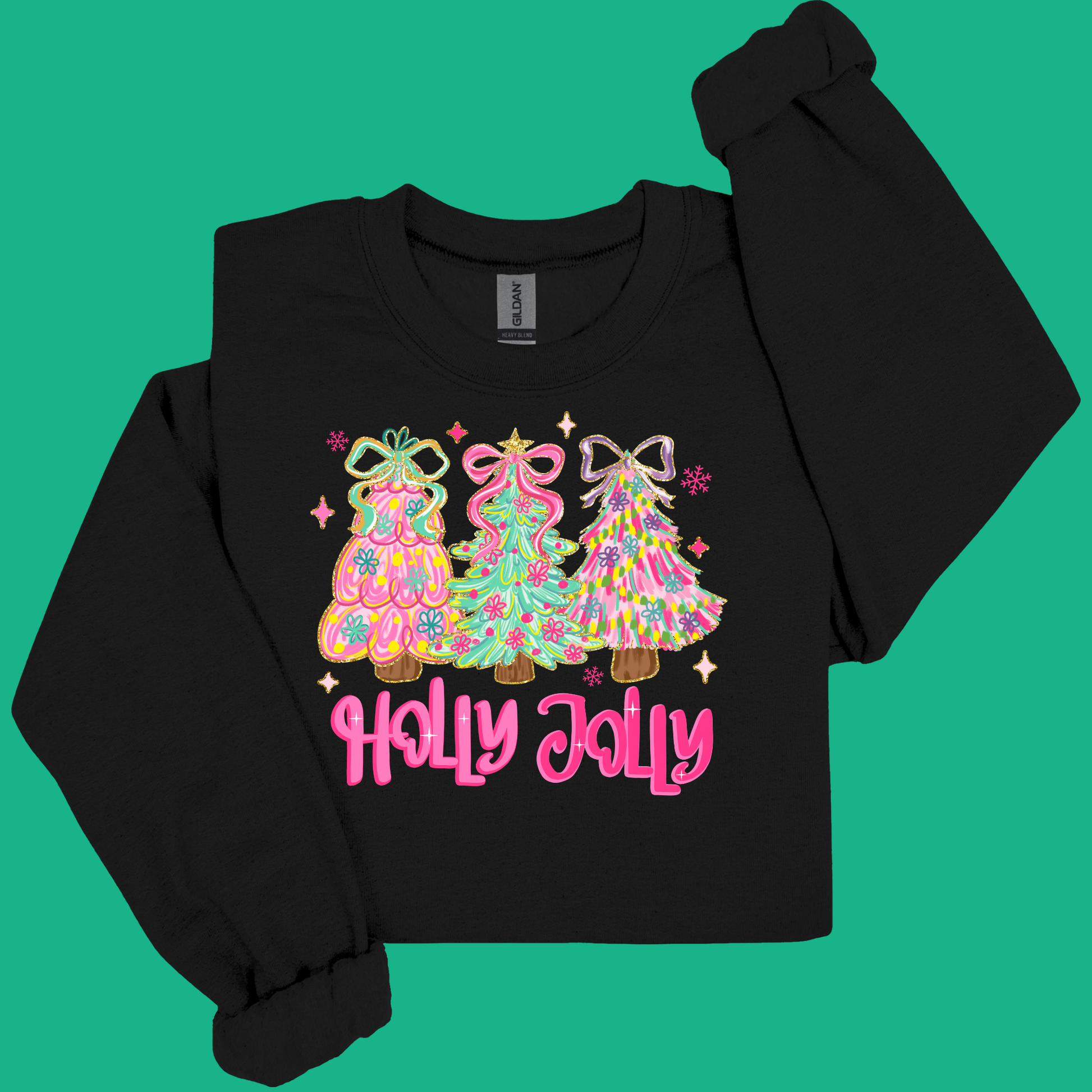 Black sweatshirt with colorful Christmas tree design and 'Holly Jolly' text on a green background